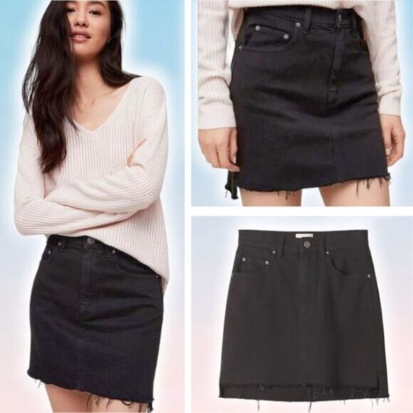 WILFRED FREE Aritzia Tanit Denim Mini Skirt Sz 0 Frayed Cut Off Hem Washed Black - Picture 1 of 6